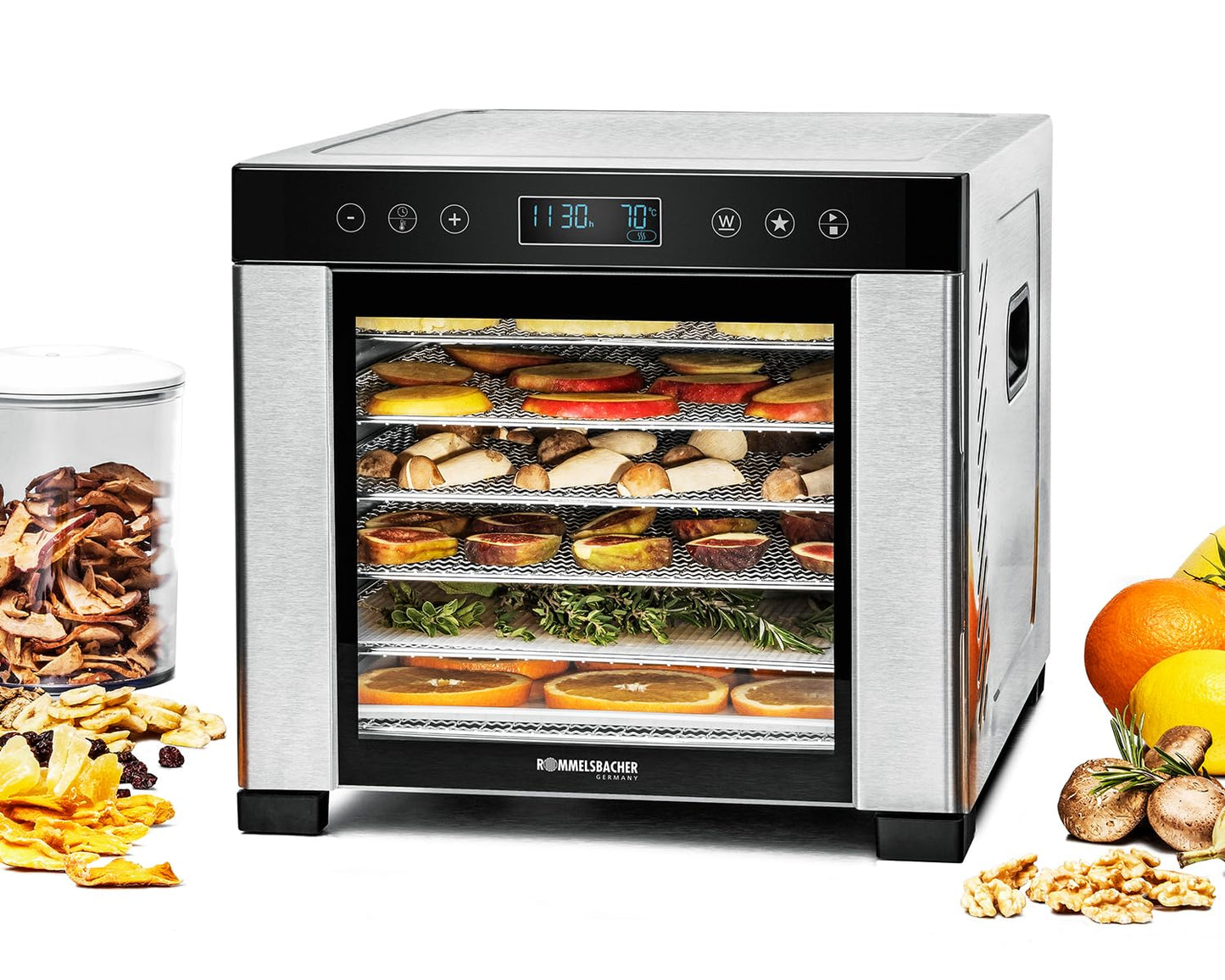 ROMMELSBACHER Dörrautomat DA 1000, XXL-Dörrfläche 1,6 m², inkl. 10 Edelstahl-Dörrtabletts, 2 Dörrgitter, 2 Dörrmatten, LED-Display, 24 Std. Zeitschaltuhr, Temperatur einstellbar (35 °C – 75 °C)